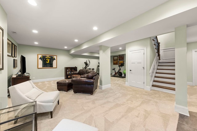 living area featuring carpet floors, recessed lighting, baseboards, and stairway