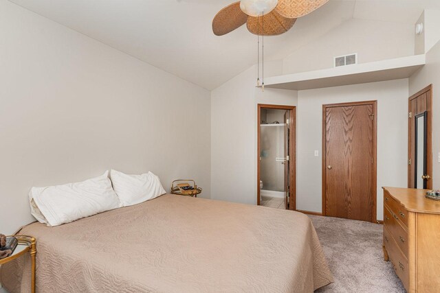 2270 Twilight Dr Unit 2270, Aurora, IL 60503 - bedroom featuring light carpet, ensuite bath, ceiling fan, and high vaulted ceiling