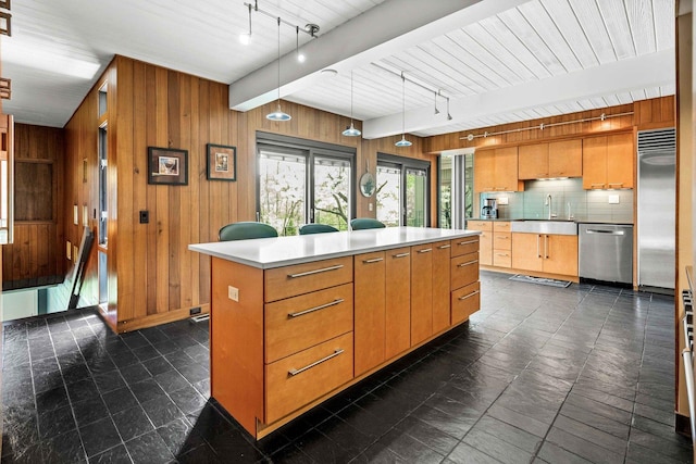221 Parkview Dr, Bloomington, IL 61701 - kitchen with appliances with stainless steel finishes, wooden walls, a sink, rail lighting, and decorative backsplash