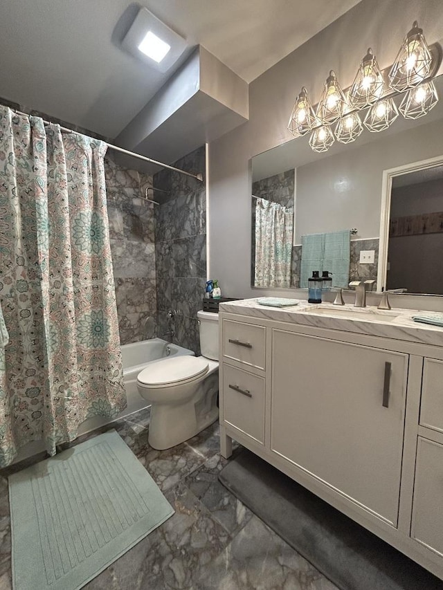 1216 S New Wilke Rd Unit 106, Arlington Heights, IL 60005 - full bathroom featuring shower / tub combo, vanity, toilet, marble finish floor, and a notable chandelier