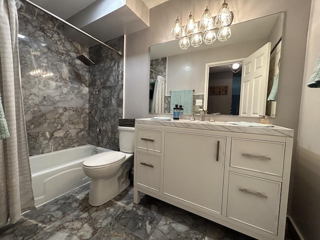 1216 S New Wilke Rd Unit 106, Arlington Heights, IL 60005 - full bath with shower / bath combination with curtain, vanity, toilet, marble finish floor, and an inviting chandelier