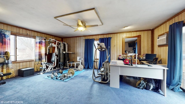 exercise room featuring carpet, ceiling fan, and wooden walls