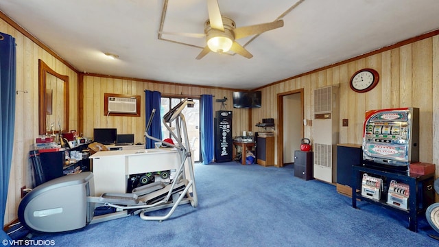 miscellaneous room with wooden walls, carpet, a ceiling fan, a wall mounted AC, and ornamental molding