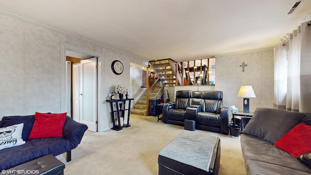 living room featuring crown molding, carpet flooring, stairs, and visible vents