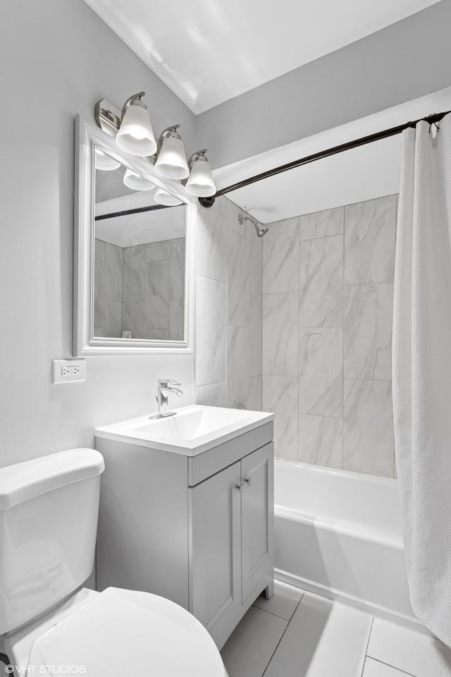 bathroom with toilet, shower / tub combo, vanity, and tile patterned flooring