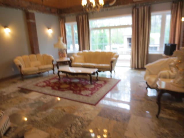living area featuring a notable chandelier and wood finished floors