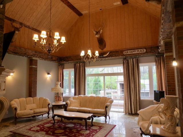 living area with an inviting chandelier, a healthy amount of sunlight, high vaulted ceiling, and wooden ceiling