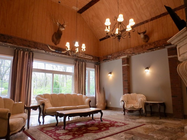living room with an inviting chandelier, high vaulted ceiling, and wooden ceiling
