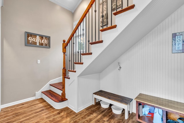 3010 Mary Ln, Mchenry, IL 60051 - stairs with baseboards, ornamental molding, wood finished floors, and a high ceiling