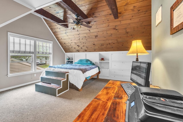 3010 Mary Ln, Mchenry, IL 60051 - bedroom featuring baseboards, wooden ceiling, vaulted ceiling with beams, and carpet