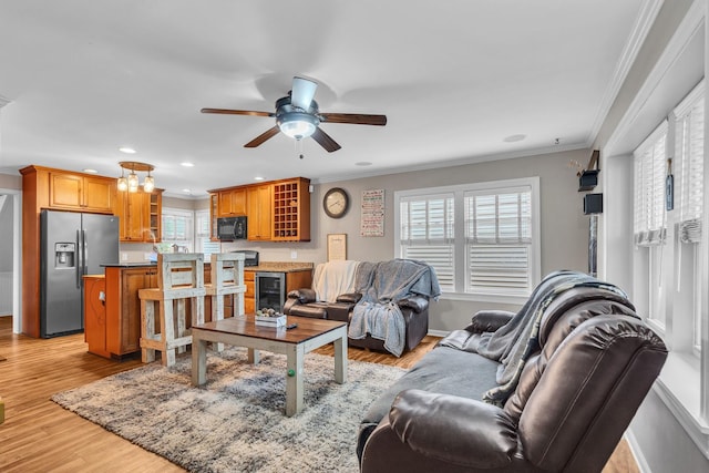 3010 Mary Ln, Mchenry, IL 60051 - living room featuring a ceiling fan, recessed lighting, light wood-type flooring, wine cooler, and ornamental molding