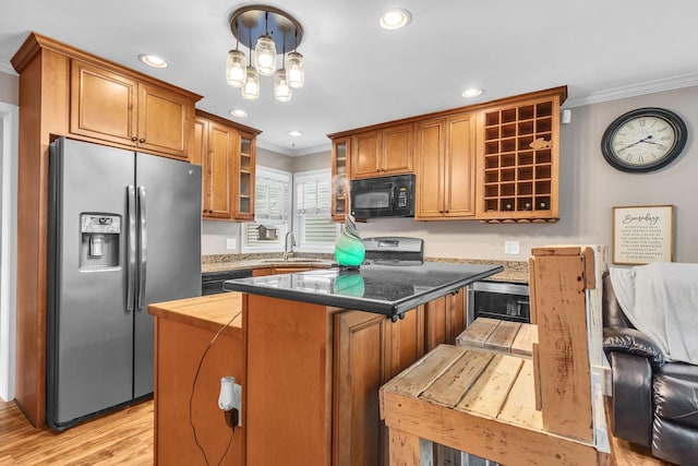 3010 Mary Ln, Mchenry, IL 60051 - kitchen with a kitchen island, black microwave, stainless steel fridge, ornamental molding, and recessed lighting