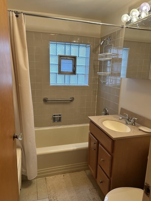 7172 W Armitage Ave, Chicago, IL 60707 - bathroom with vanity, shower / bathtub combination with curtain, tile patterned floors, and toilet