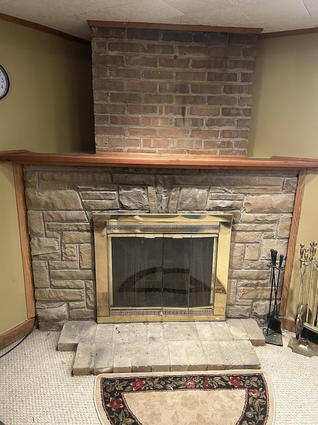 7172 W Armitage Ave, Chicago, IL 60707 - interior details featuring a large fireplace, ornamental molding, and carpet