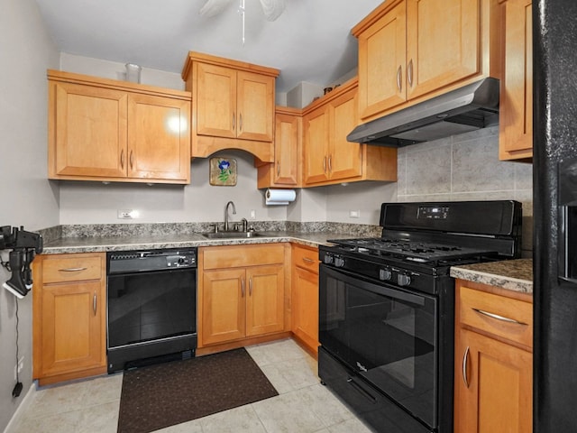 121 Foxhill Ct Unit D, New Lenox, IL 60451 - kitchen featuring a sink, backsplash, a ceiling fan, under cabinet range hood, and black appliances