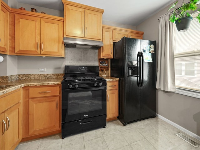 121 Foxhill Ct Unit D, New Lenox, IL 60451 - kitchen with backsplash, visible vents, baseboards, black appliances, and under cabinet range hood