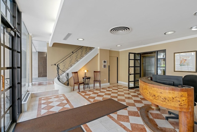 reception featuring recessed lighting, stairway, and crown molding