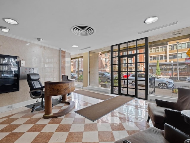 home office featuring ornamental molding and floor to ceiling windows