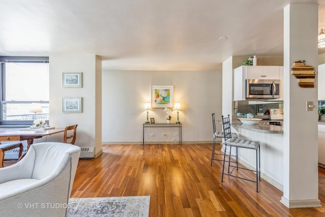 living area with wood finished floors, a baseboard radiator, and baseboards