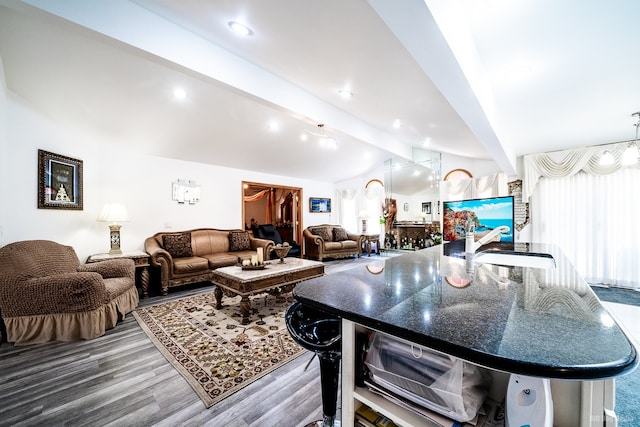 14650 Lamon Ave, Midlothian, IL 60445 - living area with vaulted ceiling with beams, wood finished floors, and a wealth of natural light