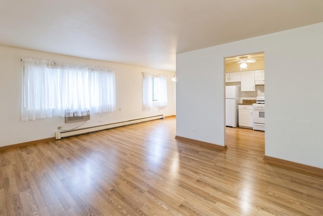 unfurnished living room featuring light wood-type flooring, baseboards, ceiling fan, and baseboard heating