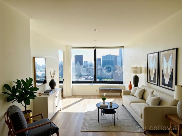 living area featuring wood finished floors and a city view