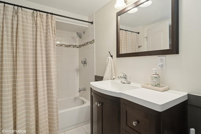 full bathroom with vanity, tile patterned flooring, and shower / bathtub combination with curtain