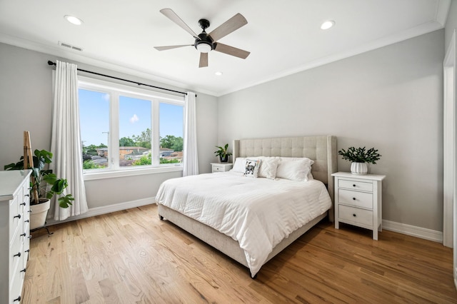 7230 W Belden Ave Unit 3, Elmwood Park, IL 60707 - bedroom with crown molding, baseboards, light wood-style flooring, recessed lighting, and a ceiling fan