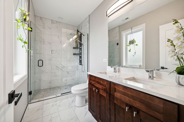 7230 W Belden Ave Unit 3, Elmwood Park, IL 60707 - bathroom with marble look tile flooring, a stall shower, toilet, and double vanity