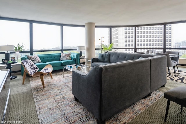 carpeted living room featuring a view of city