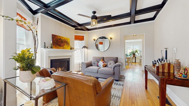 5650 W Grace St, Chicago, IL 60634 - living area with ceiling fan, beam ceiling, light wood-style floors, a glass covered fireplace, and coffered ceiling