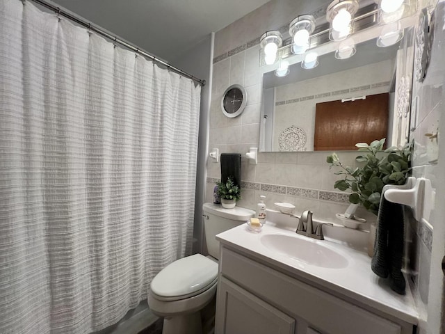 1309 Eureka St, Urbana, IL 61801 - full bathroom featuring tile walls, toilet, backsplash, vanity, and a shower with curtain