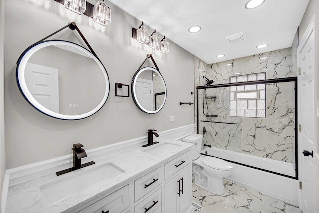full bathroom featuring recessed lighting, enclosed tub / shower combo, toilet, double vanity, and marble finish flooring