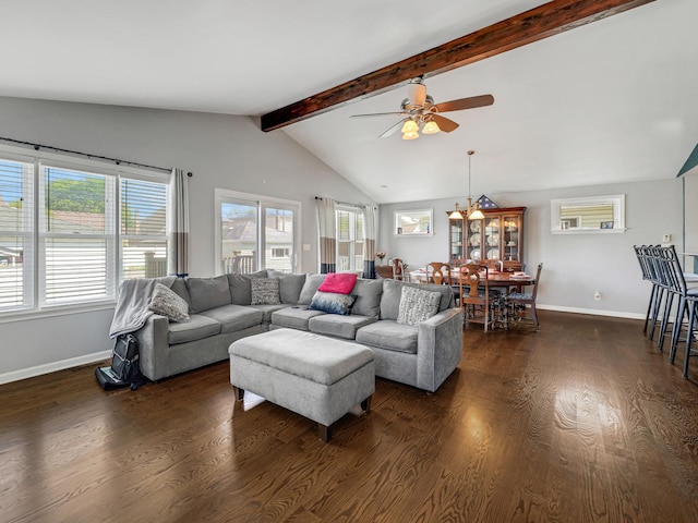11321 S Drake Ave, Chicago, IL 60655 - living area featuring baseboards, lofted ceiling with beams, dark wood-style flooring, and a ceiling fan