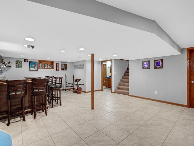 11321 S Drake Ave, Chicago, IL 60655 - interior space featuring baseboards, a bar, recessed lighting, and stairs