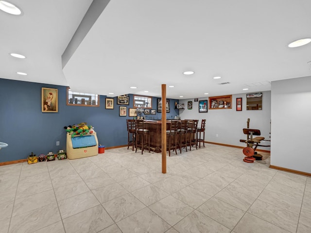 11321 S Drake Ave, Chicago, IL 60655 - rec room featuring recessed lighting, baseboards, visible vents, and a bar