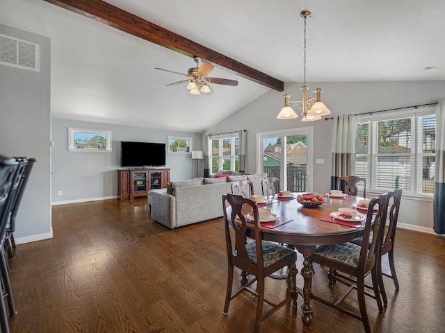 11321 S Drake Ave, Chicago, IL 60655 - dining room with baseboards, lofted ceiling with beams, ceiling fan with notable chandelier, and visible vents