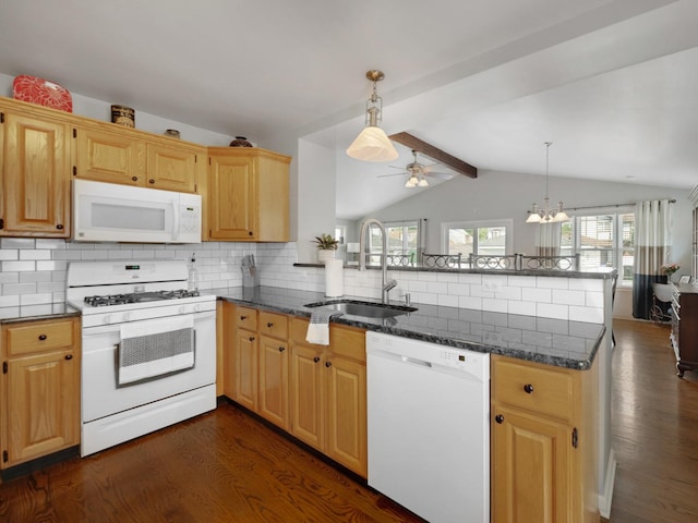 11321 S Drake Ave, Chicago, IL 60655 - kitchen featuring tasteful backsplash, a sink, a peninsula, vaulted ceiling with beams, and white appliances