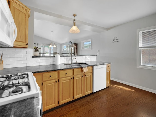 11321 S Drake Ave, Chicago, IL 60655 - kitchen featuring decorative backsplash, plenty of natural light, dark wood finished floors, a sink, and white appliances