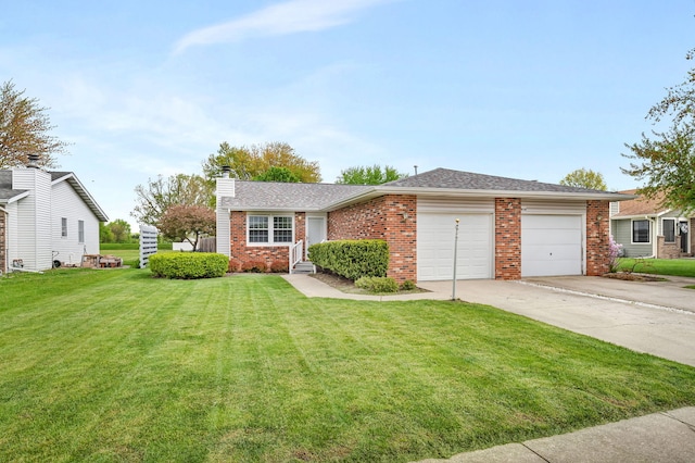 ranch-style house with a garage, a front lawn, a chimney, brick siding, and concrete driveway