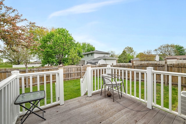 wooden deck with a lawn and a fenced backyard
