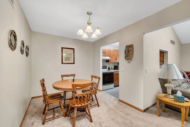 dining room with baseboards, visible vents, light carpet, and an inviting chandelier