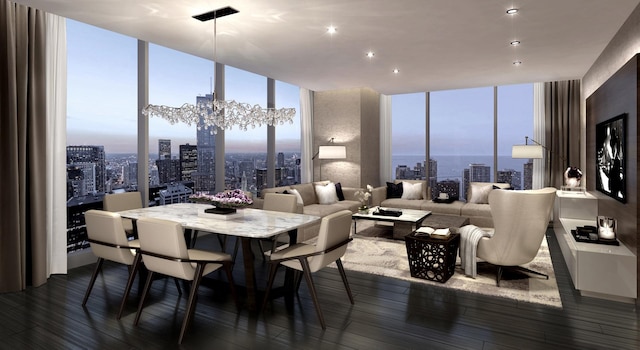 dining room with a notable chandelier, plenty of natural light, a view of city, dark wood-type flooring, and floor to ceiling windows