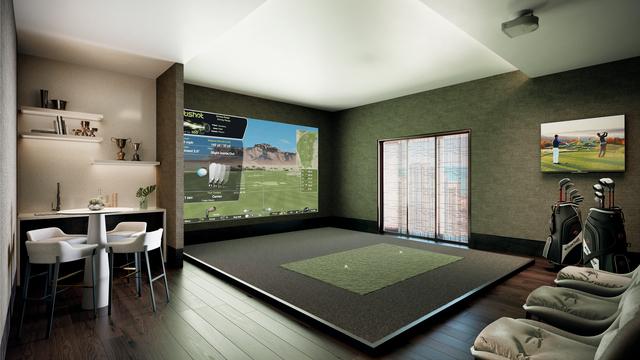 game room featuring dark wood-style flooring and golf simulator