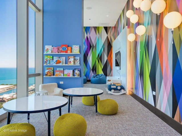 playroom with carpet and a water view