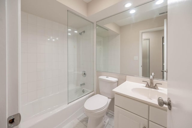full bathroom with toilet, shower / tub combination, visible vents, vanity, and recessed lighting