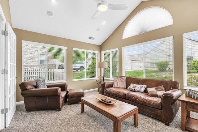 2715 J T Coffman Dr Unit 2715, Champaign, IL 61822 - living room with light carpet, baseboards, high vaulted ceiling, a ceiling fan, and recessed lighting