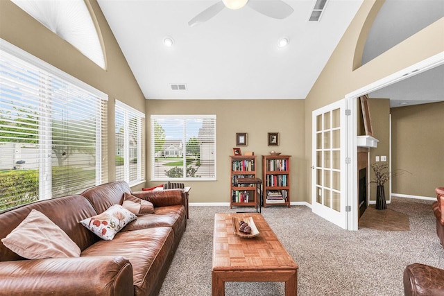 2715 J T Coffman Dr Unit 2715, Champaign, IL 61822 - living room featuring high vaulted ceiling, carpet, baseboards, ceiling fan, and recessed lighting