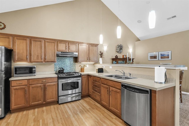 2715 J T Coffman Dr Unit 2715, Champaign, IL 61822 - kitchen with appliances with stainless steel finishes, under cabinet range hood, a peninsula, high vaulted ceiling, and a sink