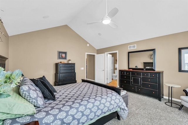 2715 J T Coffman Dr Unit 2715, Champaign, IL 61822 - bedroom featuring carpet flooring, a ceiling fan, high vaulted ceiling, connected bathroom, and baseboards